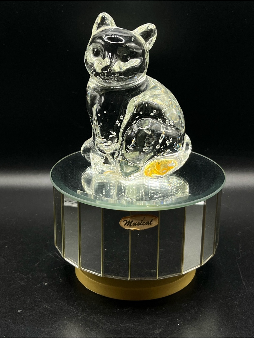 90’s Musical Glass Cat Figurine on turning mirrored base